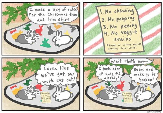 Bunnies and tree skirt comic (published 12/15/2024)