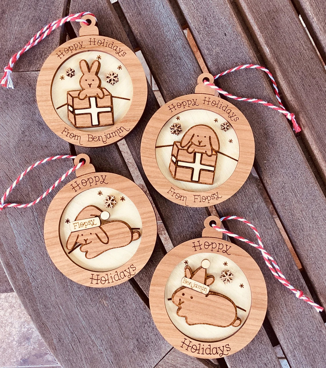 Personalized Wood Bunny Present Ornament (Choose one)