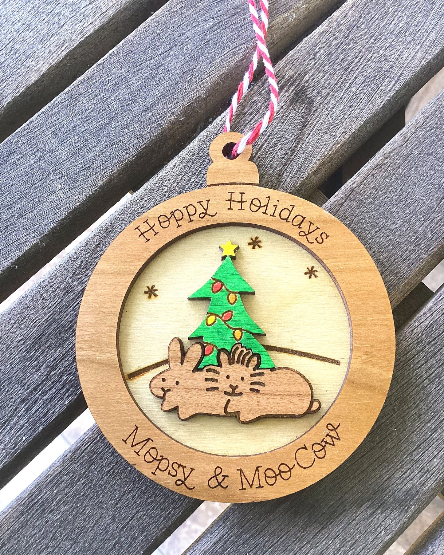Personalized Wood Two Bunny Holiday Tree Ornament