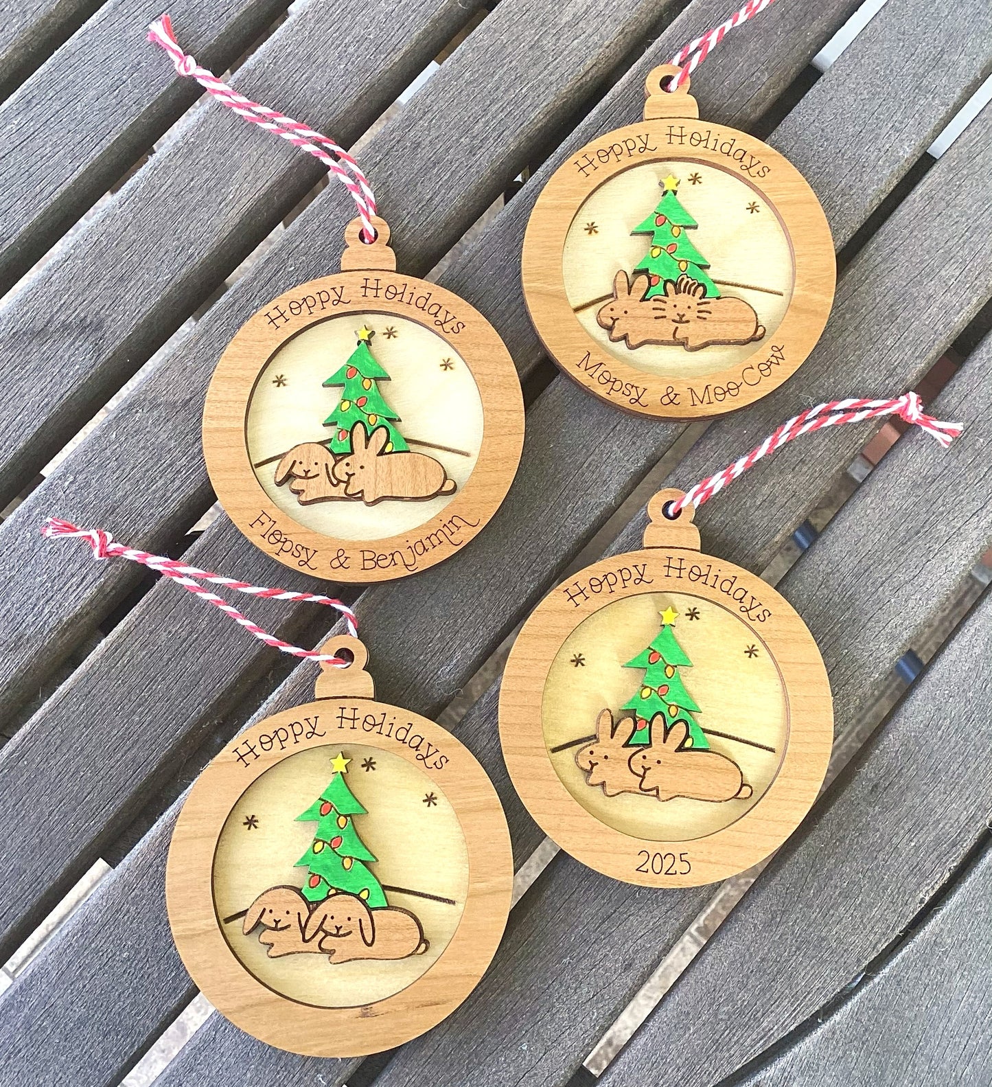 Personalized Wood Two Bunny Holiday Tree Ornament