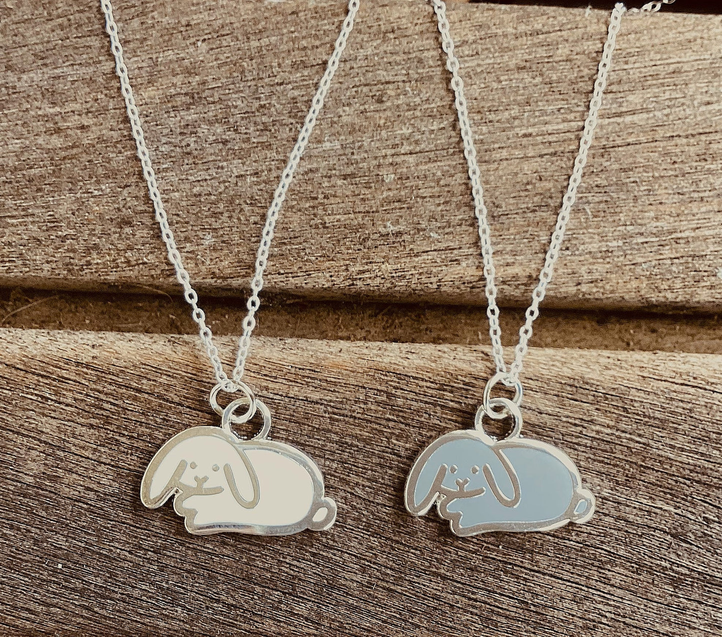 white and gray lop bunny necklaces