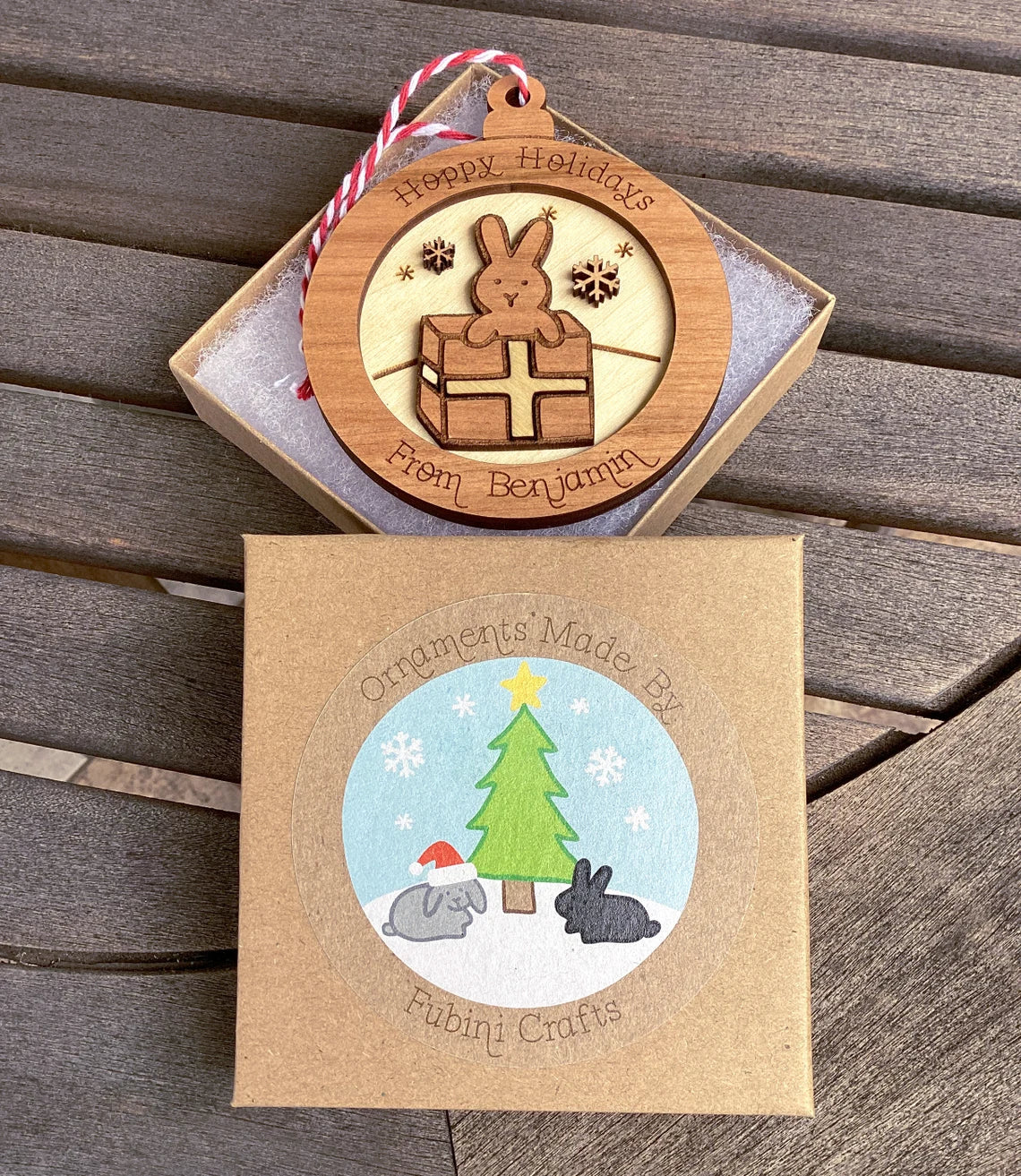 Personalized Wood Bunny Present Ornament (Choose one)