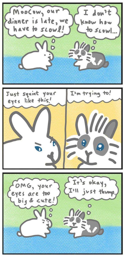 Mopsy teaches Moocow to scowl comic (published 1/28/2024)