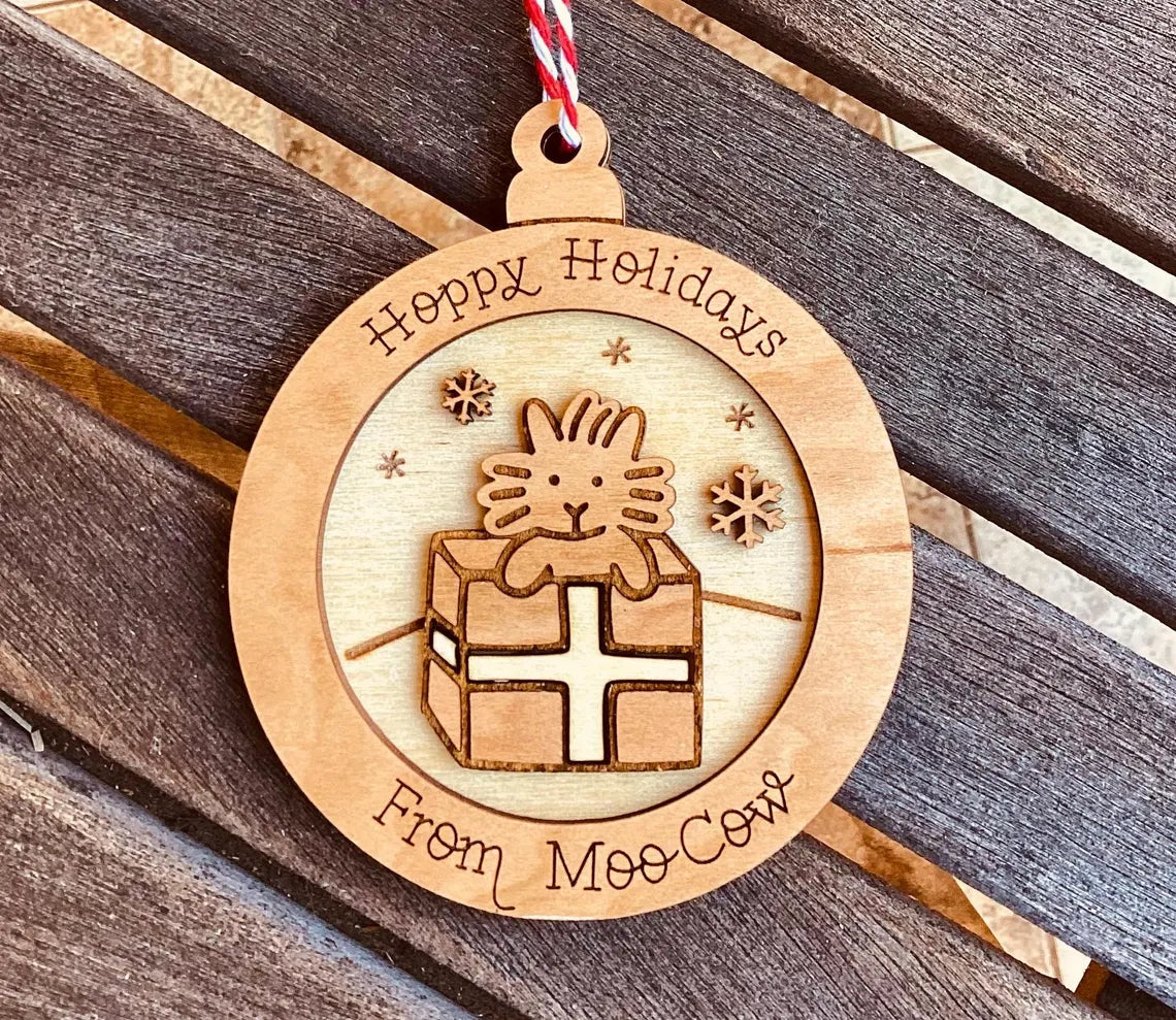 Personalized Wood Bunny Present Ornament (Choose one)