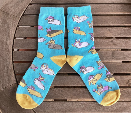 Bunny Rabbit Crew Socks - Bunnies with Hats Volume 2 (Blue)