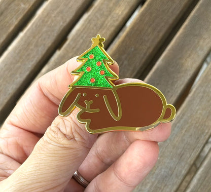 Festive Tree Hat Bunny Glitter Enamel Pin