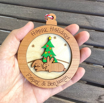 Personalized Wood Two Bunny Holiday Tree Ornament