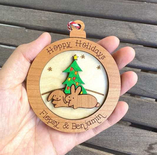 Personalized Wood Two Bunny Holiday Tree Ornament