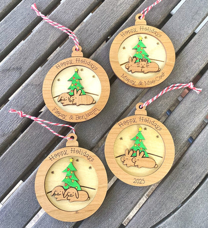 Personalized Wood Two Bunny Holiday Tree Ornament
