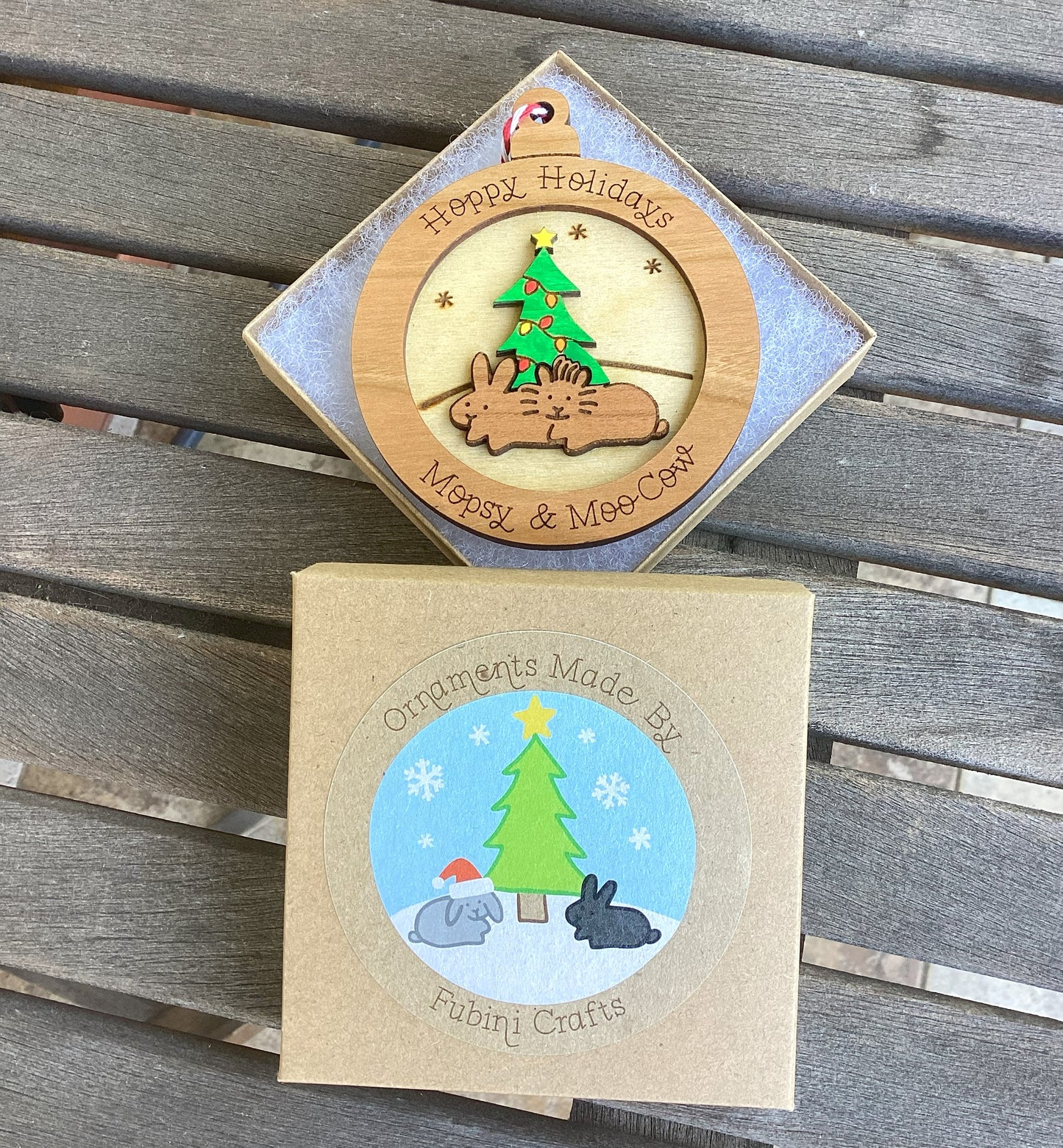 Personalized Wood Two Bunny Holiday Tree Ornament