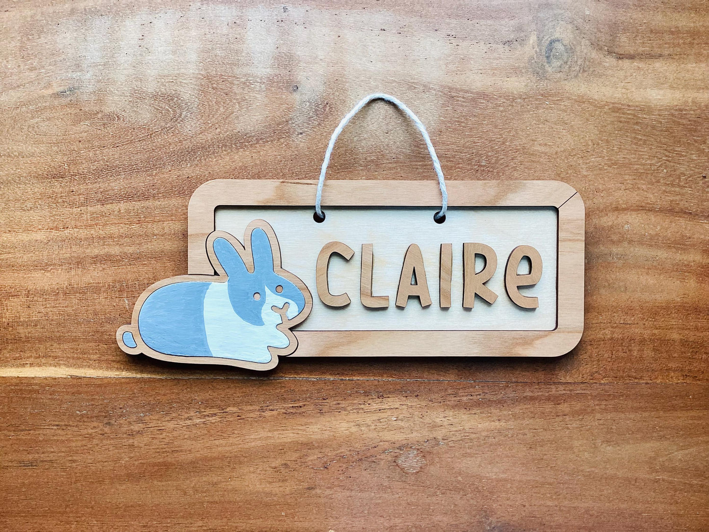 Personalized One Bunny Name Sign with Fruit 9" x 3.5", Cute Custom Rabbit Wood Sign