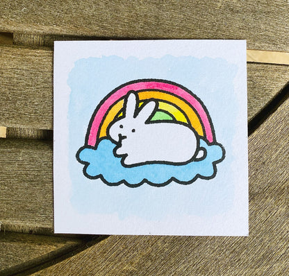 Rainbow Bunny 3" Screenprint with Watercolor