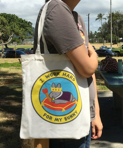 i work hard for my bunny tote bag with person