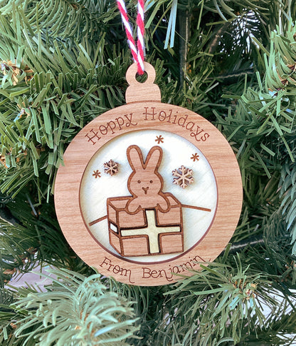 Personalized Wood Bunny Present Ornament (Choose one)