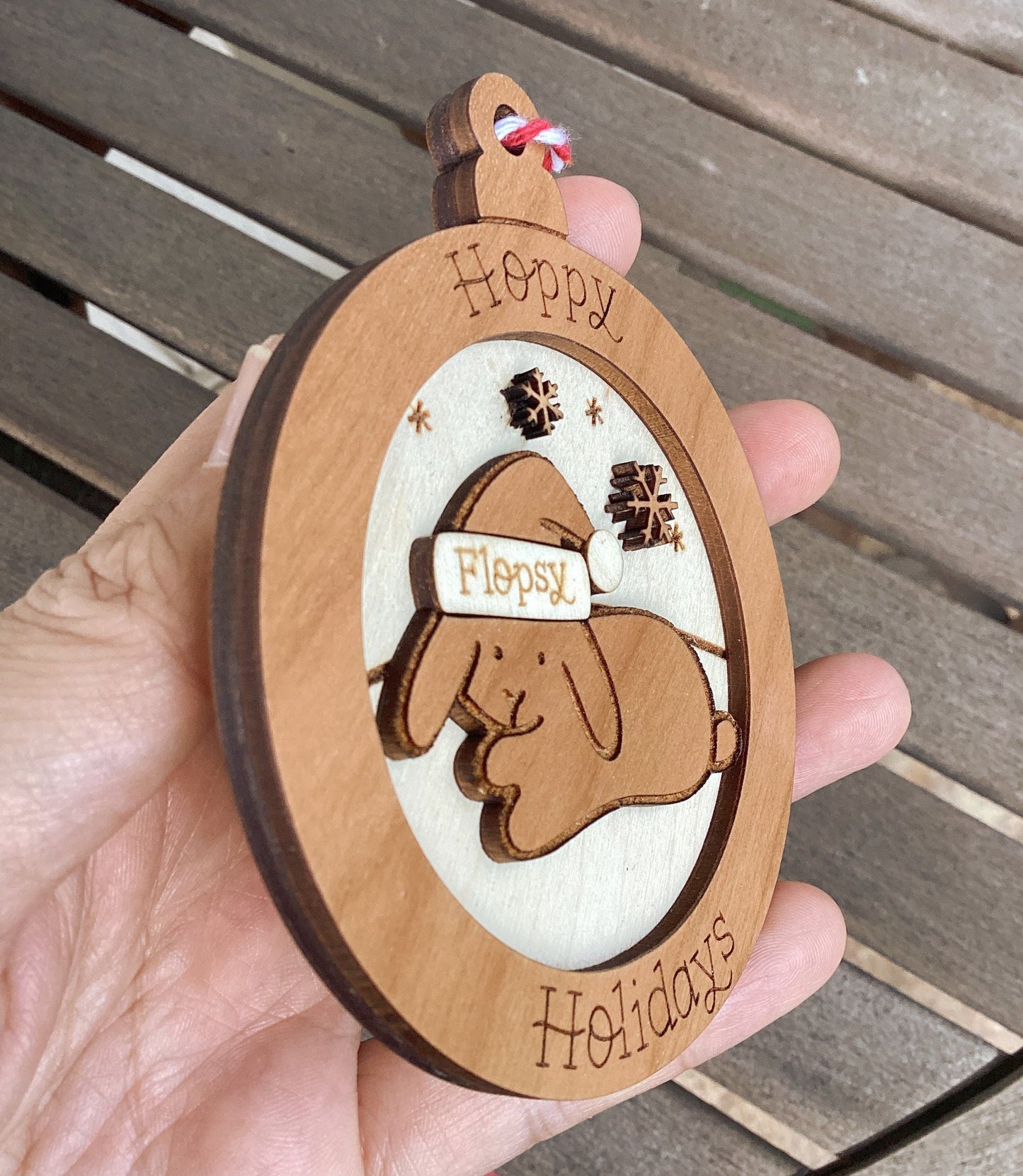 Personalized Wood Santa Bunny Ornament (Choose One)