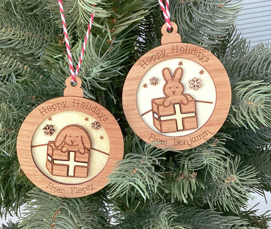 Personalized Wood Bunny Present Ornament (Choose one)