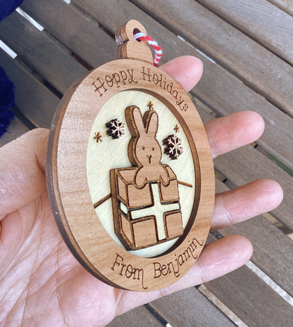 Personalized Wood Bunny Present Ornament (Choose one)