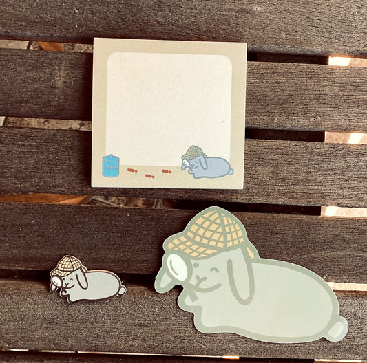 Detective Flopsy BUNDLE - B-Grade Pin, Sticker, and Post-its!